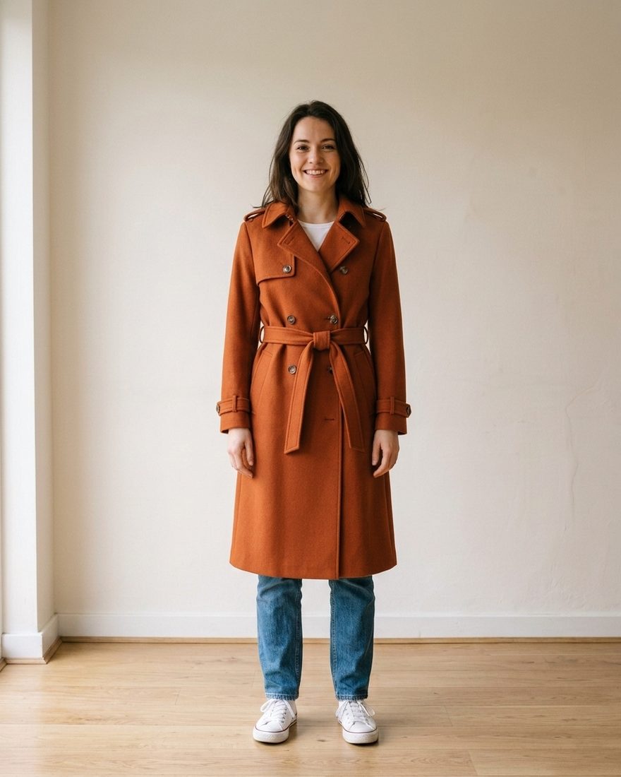 A woman standing in a plain room wearing a rust-orange wool belted coat, generated by Hoilo from a photo of her in a t-shirt and jeans plus a product photo of the coat.