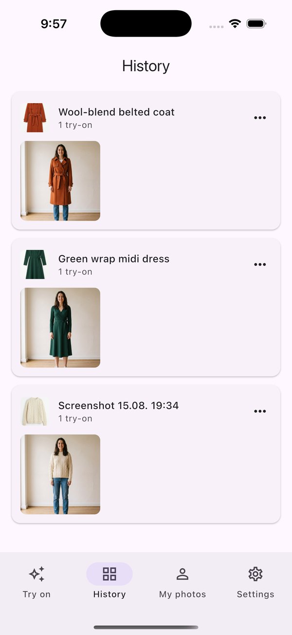 Hoilo's history screen: three product groups — a wool-blend belted coat, a green wrap midi dress and a shared screenshot — each showing the generated try-on image.