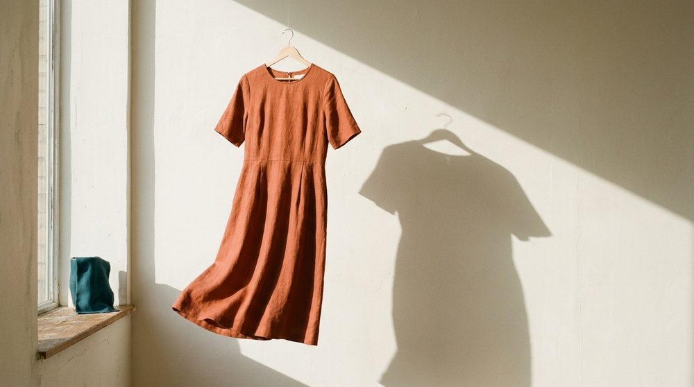 A burnt-orange midi dress on a wooden hanger, casting a hard shadow on a sunlit cream wall