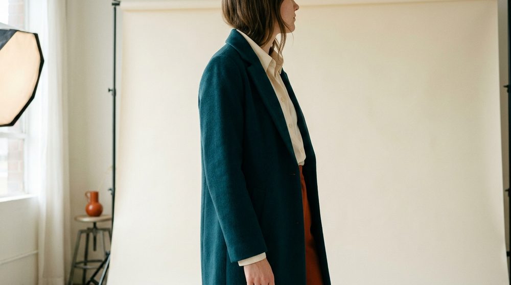 A woman in a deep-teal wool coat photographed side-on against a cream studio backdrop