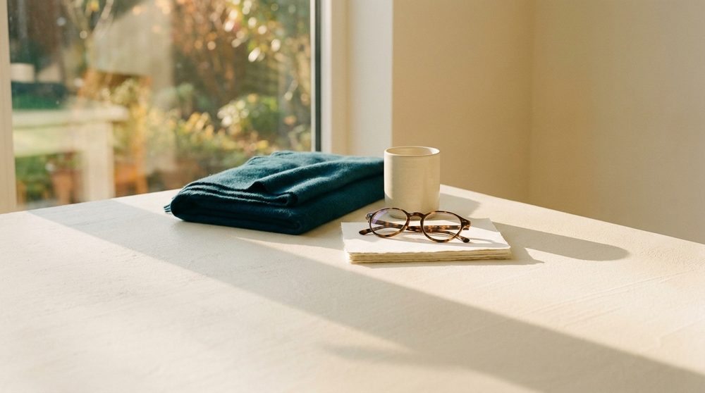 A folded teal scarf, a ceramic cup and reading glasses on a sunlit cream table