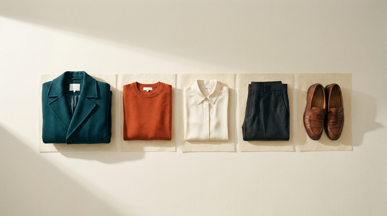 Four folded garments and a pair of loafers laid out in a row on cream paper, like samples on a stylist's table