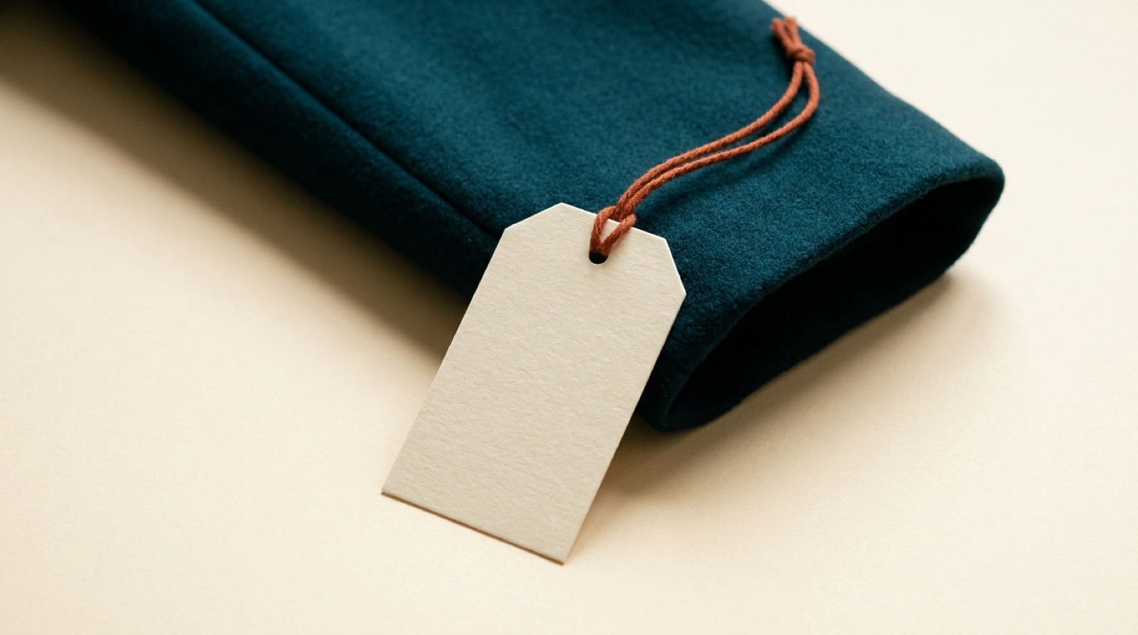 A blank cream paper swing tag on a burnt-orange string, hanging from the cuff of a deep teal wool coat