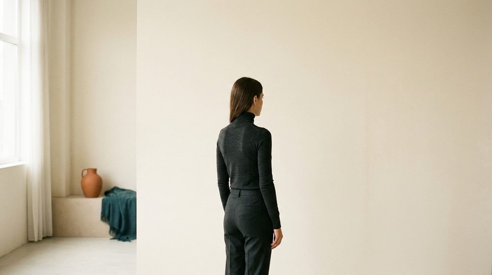 A woman standing squarely in front of a plain cream wall in an empty room, seen from behind
