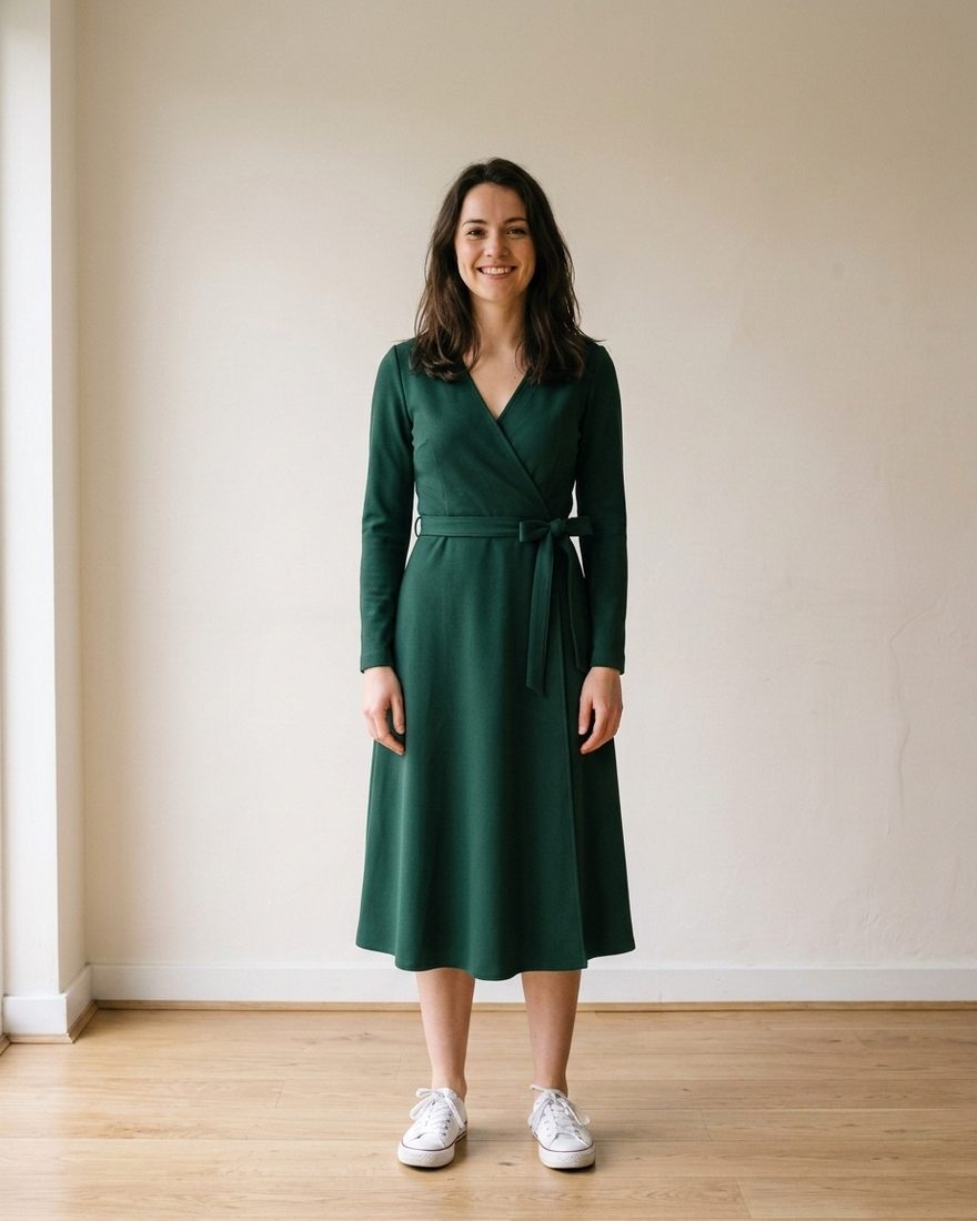 A woman wearing a deep-green wrap midi dress, generated by Hoilo from her own photo and a product photo of the dress.